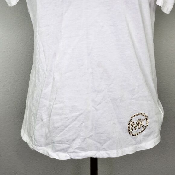 MICHAEL Michael Kors White Cold Shoulder Short Sleeve Gold Jeweled Logo Medium - Picture 3 of 10